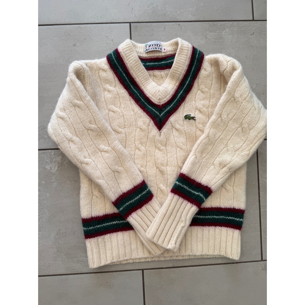 Vintage Izod Lacoste Kids Cable Knit Sweater V-Neck Cream Striped Wool Blend M